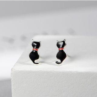 925 Sterling Silver Cat Earring R592 - Cat - Black - One Size