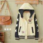 Patch Embroidered Star Print Hooded Baseball Jacket