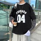 Long-sleeve Mock Two-piece Number Print T-shirt