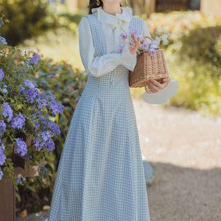 Set: Peter Pan Collar Blouse + Gingham Overall Dress