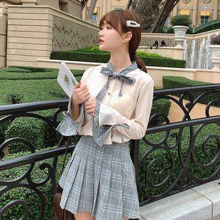Set: Bow Accent Long-sleeve Blouse + Mini Pleated Plaid Skirt