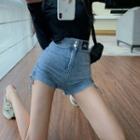 Long-sleeve Tie Dye Side-slit T-shirt / Drawstring Applique Denim Hot Pants