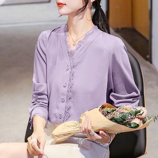 Long-sleeve Lace-trim Chiffon Blouse