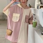 Color-block Drawcord Short-sleeve Hooded Dress