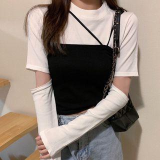 Set: Detachable Sleeve Cropped T-shirt + Camisole Top