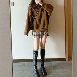 Plain Sweater / Plaid Shirt / Set