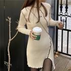 Long-sleeve Contrast Trim Mock-neck Knit Mini Dress