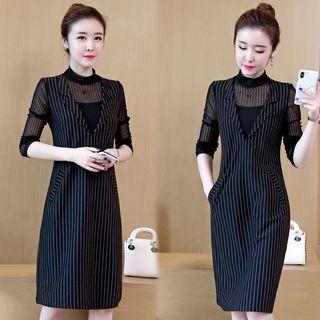 Mock Two-piece Long-sleeve Striped Sheath Dress
