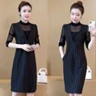 Mock Two-piece Long-sleeve Striped Sheath Dress