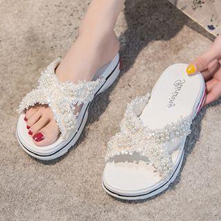 Faux Pearl Crisscross Flat Slide Sandals