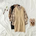 Set: Cable-knit Vest + Check Long-sleeve Shirt