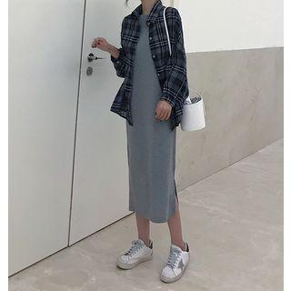 Plaid Loose-fit Long-sleeve Shirt / Plain Sleeve Midi Dress
