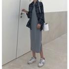 Plaid Loose-fit Long-sleeve Shirt / Plain Sleeve Midi Dress