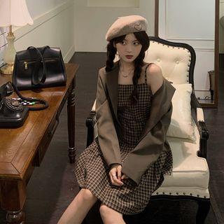 Plain Blazer / Spaghetti Strap Plaid Dress