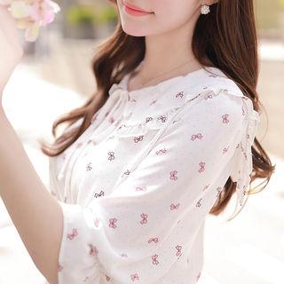 Tie-neck Dot Ribbon Pattern Blouse