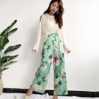 Set: Cut Out Shoulder Sweater + Floral Print Wide Leg Pants