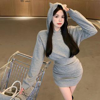 Long-sleeve Hooded Shirred Sheath Dress