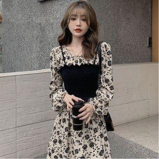 Set: Long-sleeve Floral Print Dress + Camisole Top