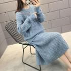 Set: Long-sleeve Crochet-knit Top + Midi A-line Skirt
