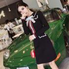 Long-sleeve Collared Contrast Trim Knit Dress