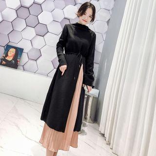 Set: Long-sleeve Mock Neck Cut Out Midi Knit Dress + Midi Pleated Skirt