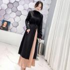 Set: Long-sleeve Mock Neck Cut Out Midi Knit Dress + Midi Pleated Skirt