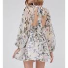 Long-sleeve Mock-neck Floral Print Mini Corset Dress