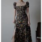 Puff-sleeve Square Neck Floral Midi Sheath Dress