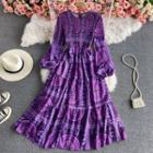 Round Neck Long Sleeve Print Dress Purple - One Size