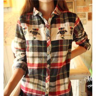 Owl Plaid Long-sleeve Blouse
