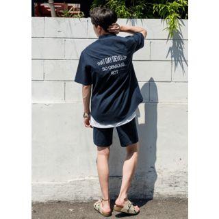 Set: Lettering Pocket Shirt + Band-waist Shorts