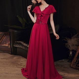 Short-sleeve Ruffle Sheath Evening Gown