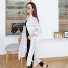 Dual-pocket Slit-side Pinstriped Long Shirtdress