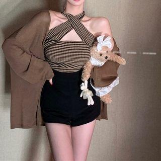 Halter Striped Camisole Top / Cardigan / Shorts