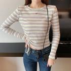 Long-sleeve Striped Drawstring T-shirt As Shown In Figure - One Size