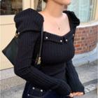 Square-neck Long-sleeve Knit Top Black - One Size