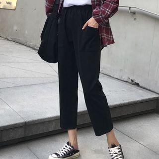 Elastic Waist Straight Cut Cropped Pants Black - One Size