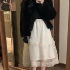 Mesh Midi A-line Skirt / Fluffy Jacket