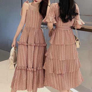 Spaghetti Strap Midi Plaid Layered Dress / Short-sleeve Midi Plaid Layered Dress