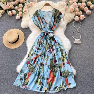 V-neck Print Lace-up Strap Dress