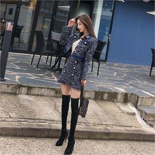 Set: Cropped Tweed Jacket + Button-trim Mini Skirt