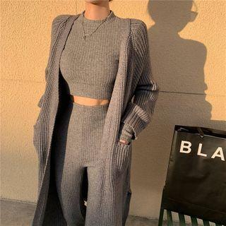 Long Open-front Cardigan / Long-sleeve Knit Top / Boot-cut Knit Pants