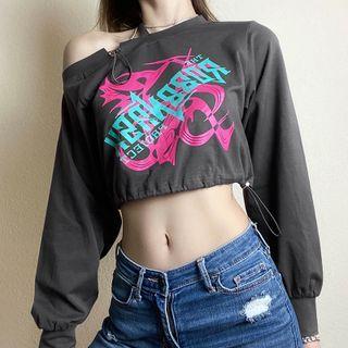 Lettering Cold-shoulder Cropped Sweatshirt
