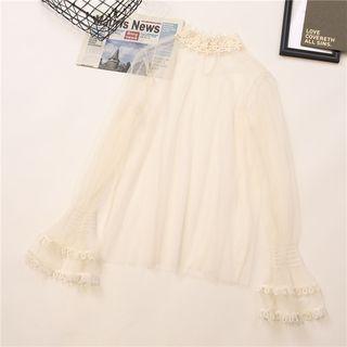 Flared-cuff Crochet Trim Long-sleeve Mesh Top