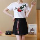 Set: Flower Embroidered Short Sleeve T-shirt + Lettering Strap A-line Skirt