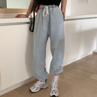 Drawstring-cuff Wide-leg Jeans Light Denim Blue - One Size