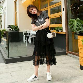 Set: Lettering Short-sleeve T-shirt + Lace Midi Tiered Skirt