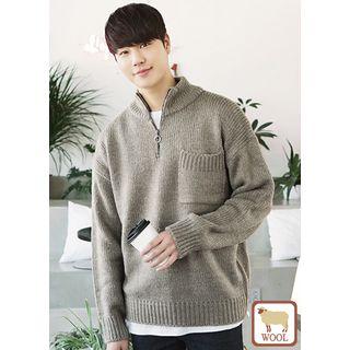 Pocket-front Wool Blend Knit Anorak Pullover