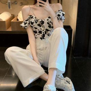 Off-shoulder Cow Print Crop Top / Lettering Drawstring Sweatpants