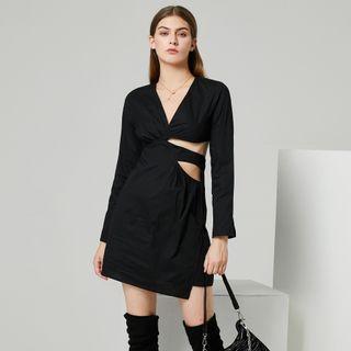Eco-friendly Long-sleeve V-neck Cutout Asymmetrical Mini Dress